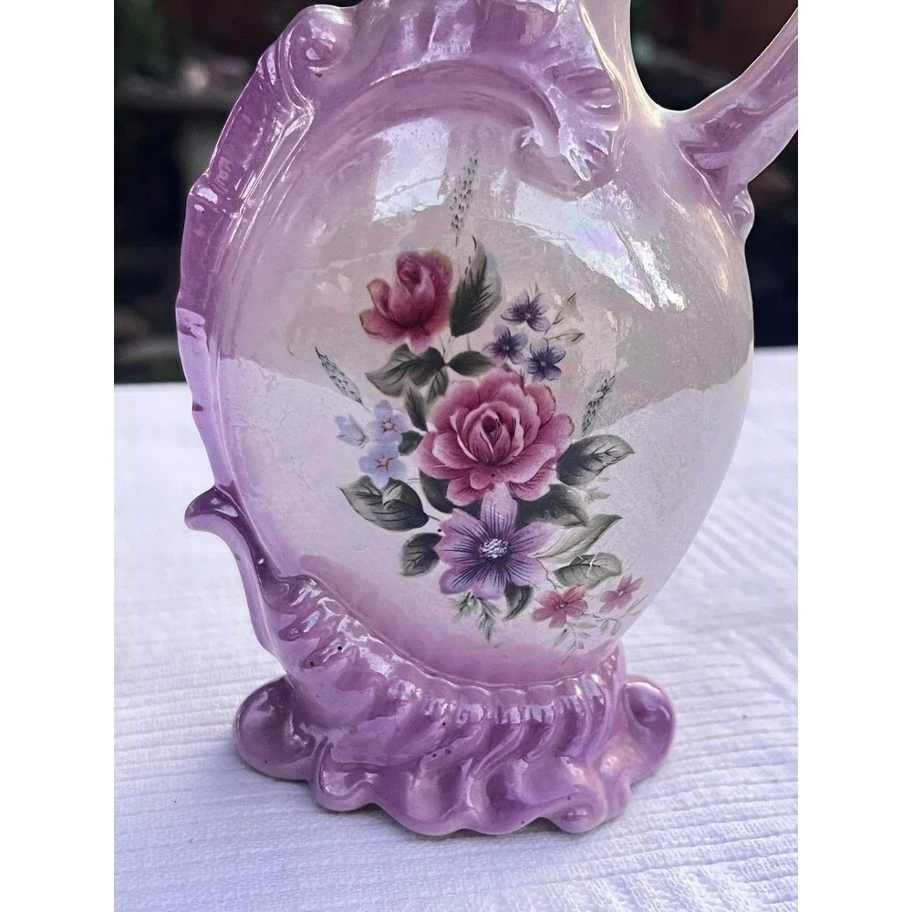 Vintage Pink Purple Ombre Iridescent Lusterware Floral Ewer Pitcher Vase 9”
